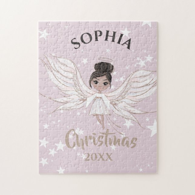 Christmas Angel Dark Hair Pink White  Jigsaw Puzzle (Vertical)