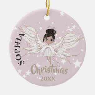 Christmas Angel Dark Hair Stars Photo Pink Cute  Ceramic Ornament