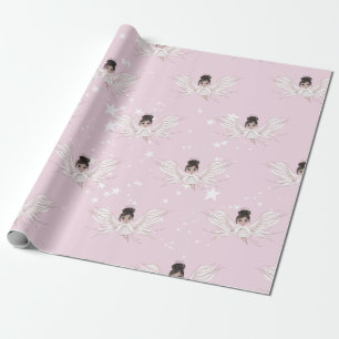 Christmas Angel Dark Hair Stars Pink Cute Wrapping Paper