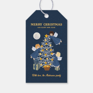 Christmas angel decorates the tree on blue gift ta tags