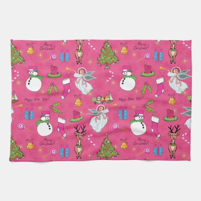 Christmas angel,deer and snowman tea towel (Horizontal)
