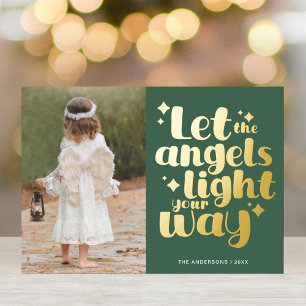 Christmas Angel Girl Cool Green Gold  Foil Holiday Card