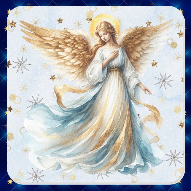 Christmas Angel Gold Blue Watercolor Square Sticker (Creator Uploaded)