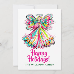 Christmas Angel Happy Holidays Boho Cute Pink Holiday Card