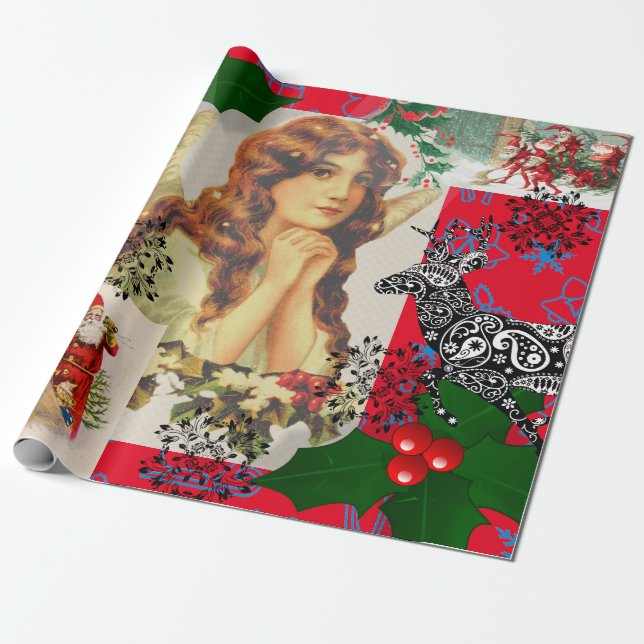 CHRISTMAS ANGEL IN RED COLLAGE Wrapping Paper (Unrolled)