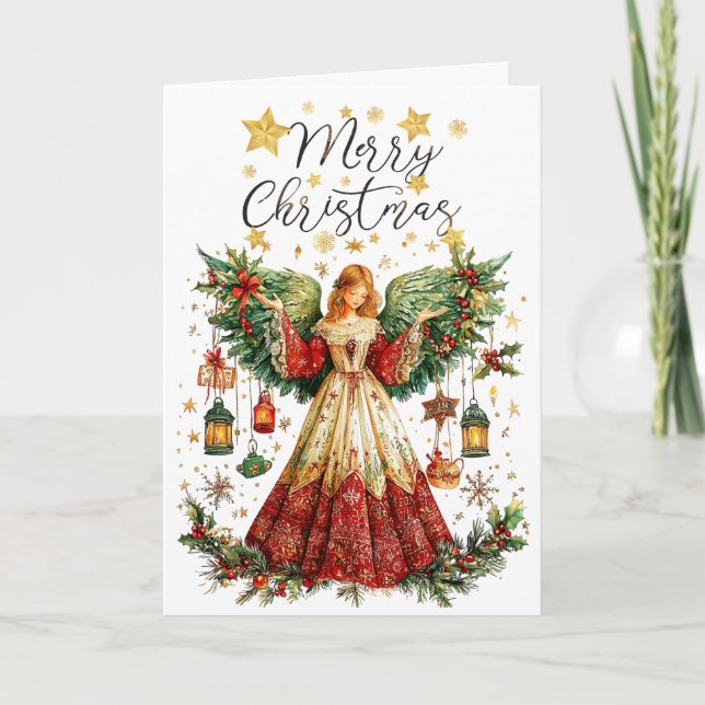 Christmas Angel & Lighted lanterns Merry Christmas Card (Front)
