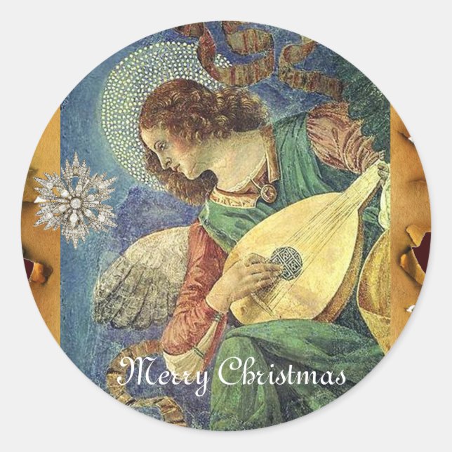 CHRISTMAS ANGEL MAKING MUSIC WITH DIAMOND STAR CLASSIC ROUND STICKER (Front)