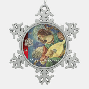 CHRISTMAS ANGEL MAKING MUSIC WITH DIAMOND STARS SNOWFLAKE PEWTER CHRISTMAS ORNAMENT