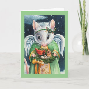 Christmas Angel Mouse & Cardinals Watercolor Art Card