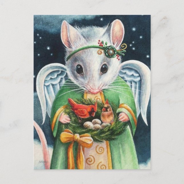 Christmas Angel Mouse & Cardinals Watercolor Art Postcard (Front)