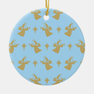 Christmas Angel Nativity Star Baby Blue Gold Ceramic Ornament