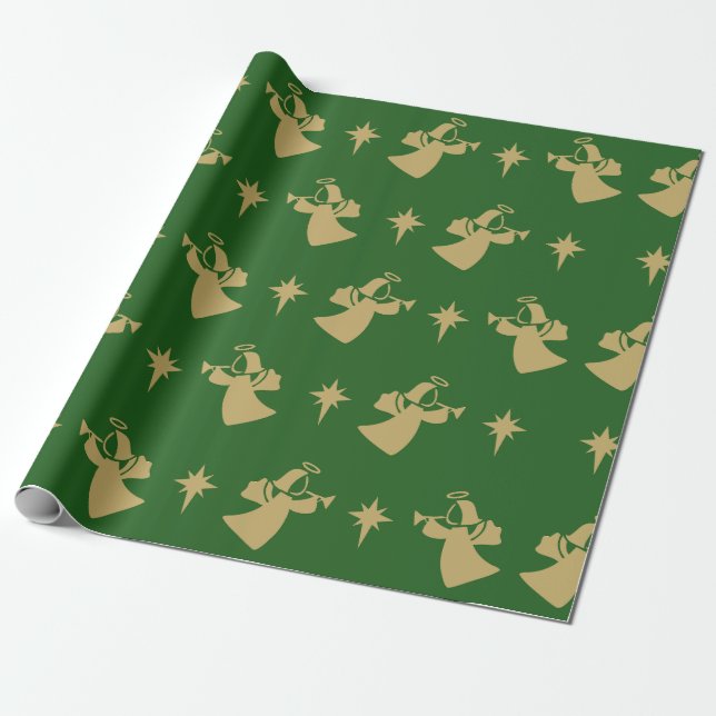 Christmas Angel Nativity Star Green Gold Wrapping Paper (Unrolled)