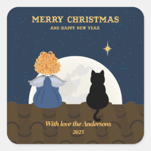 Christmas angel on the roof on blue  square sticke sticker