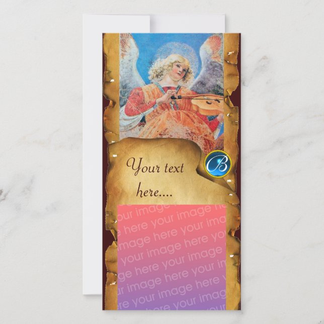 CHRISTMAS  ANGEL PARCHMENT Sapphire Monogram Holiday Card (Front)