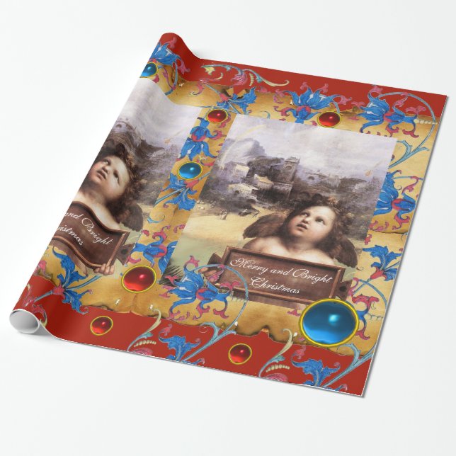 CHRISTMAS ANGEL,RED BLUE FLORAL PARCHMENT AND GEMS WRAPPING PAPER (Unrolled)