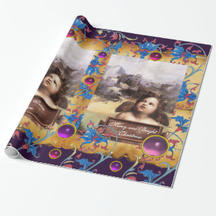 CHRISTMAS ANGEL,RED BLUE FLORAL PARCHMENT PINK GEM WRAPPING PAPER