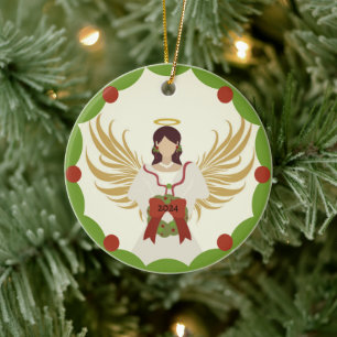 Christmas Angel Red Green Holly Wreath Year 2024 Ceramic Ornament
