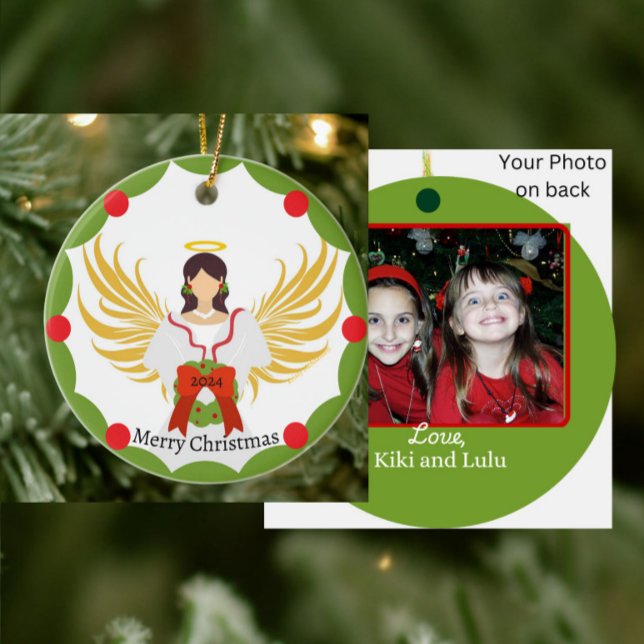 Christmas Angel Red Green Wreath Family Photo Name Ceramic Ornament (Custom Photo Ornament with Angel Wreath, Name, Year in red, green, yellow and white.)