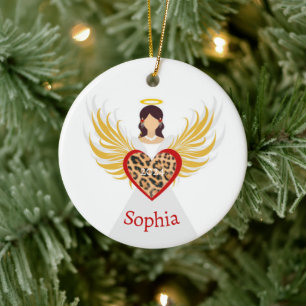 Christmas Angel Red Heart Leopard Wings Name Gift Ceramic Ornament