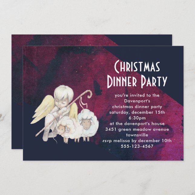 Christmas Angel Shepherd with Lambs Christmas Invitation (Front/Back)