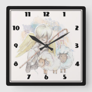 Christmas Angel Shepherd with Lambs Square Wall Clock