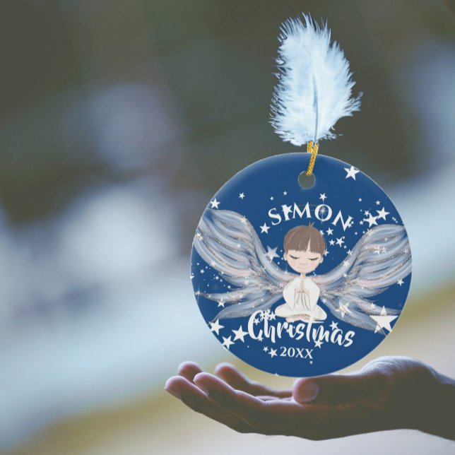 Christmas Angel Stars Photo Blue Cute   Ceramic Or Ceramic Ornament (Creator Uploaded)