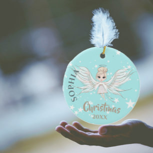 Christmas Angel Stars Photo Blue Pink Cute  Ceramic Ornament