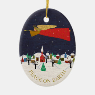 Christmas Angel Village Peace on Earth Monogram Ceramic Ornament
