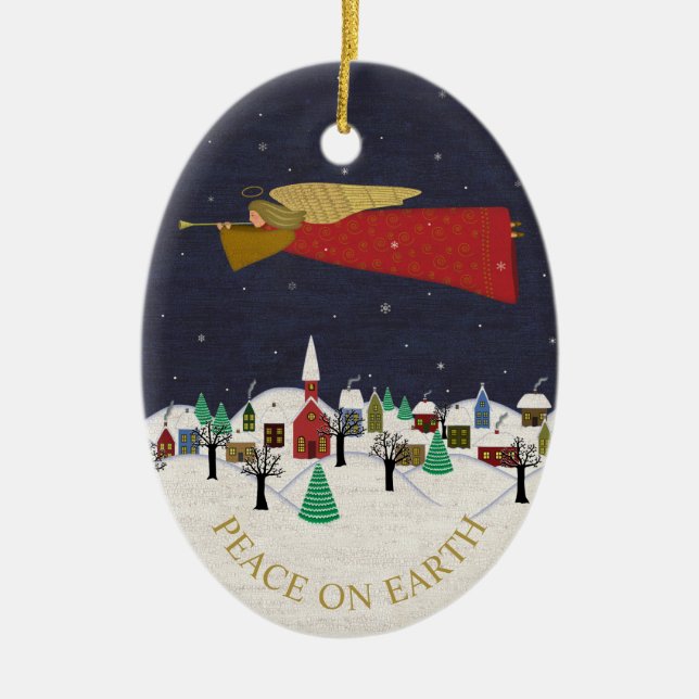 Christmas Angel Village Peace on Earth Monogram Ceramic Ornament (Front)