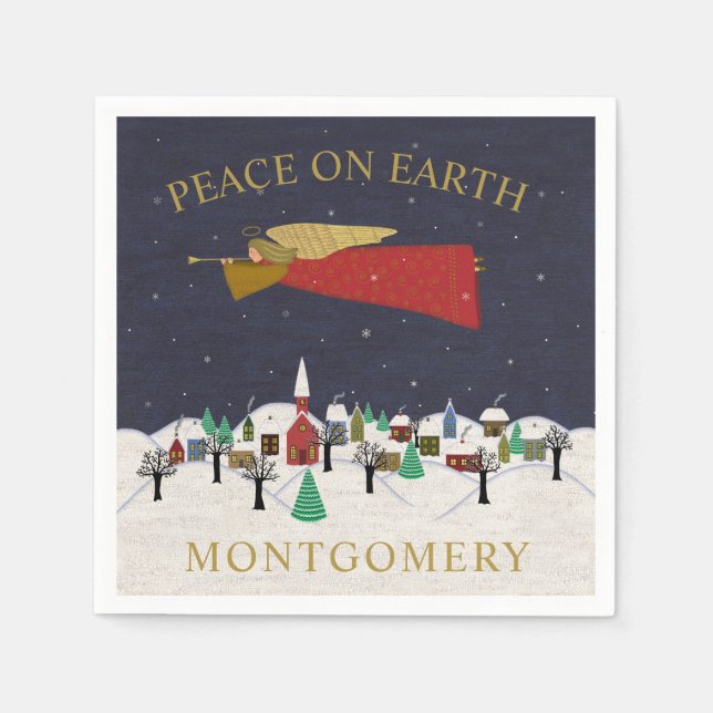 Christmas Angel Village Peace on Earth Monogram Napkin (Front)