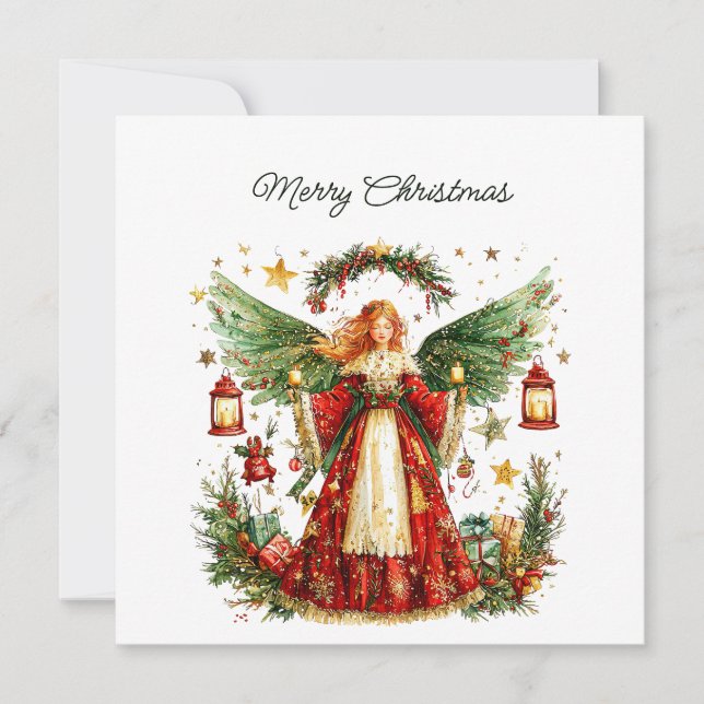 Christmas Angel & Winter berries, Customisable Holiday Card (Front)