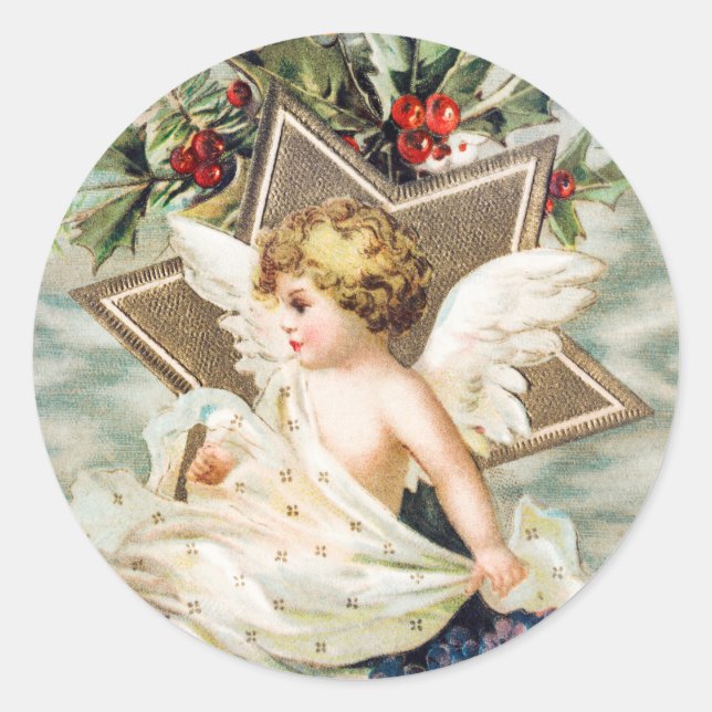 CHRISTMAS ANGEL WITH HOLLY ROUND Sticker (Front)