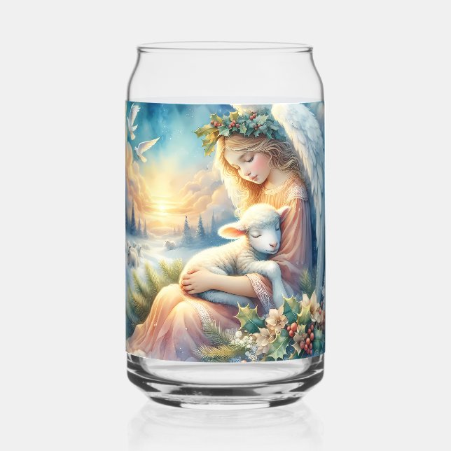 Christmas Angel with Lamb in Winter Peace Can Glass (Front)