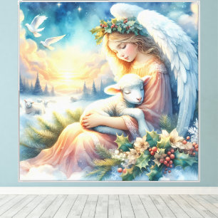 Christmas Angel with Lamb in Winter Peace Canvas Print