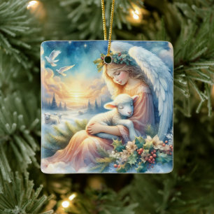 Christmas Angel with Lamb in Winter Peace Ceramic Ornament