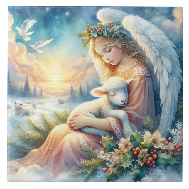 Christmas Angel with Lamb in Winter Peace Ceramic Tile (Front)
