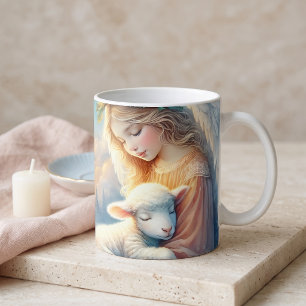 Christmas Angel with Lamb in Winter Peace Coffee Mug