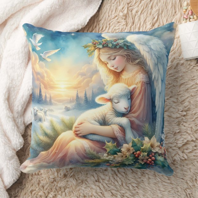 Christmas Angel with Lamb in Winter Peace Cushion (Blanket)