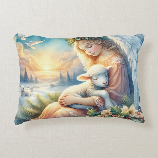 Christmas Angel with Lamb in Winter Peace Decorative Cushion (Front)