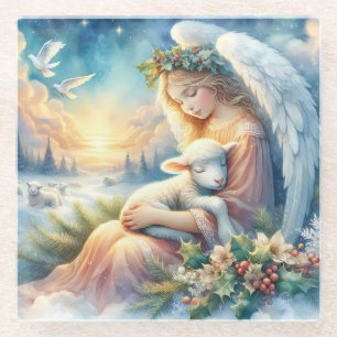 Christmas Angel with Lamb in Winter Peace Glass Coaster