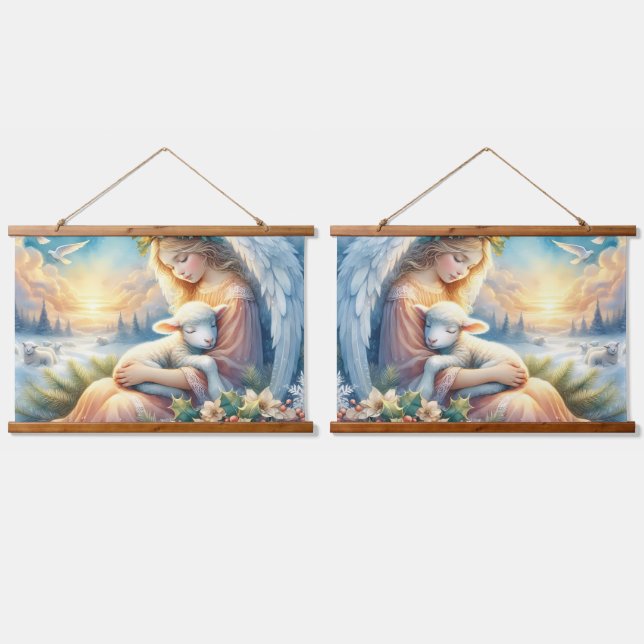 Christmas Angel with Lamb in Winter Peace Hanging Tapestry (Double)