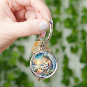 Christmas Angel with Lamb in Winter Peace Key Ring