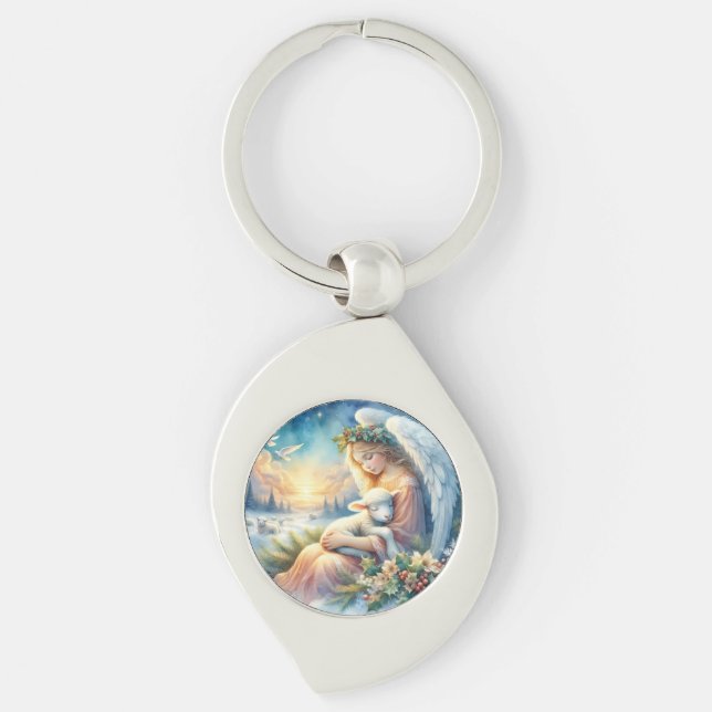 Christmas Angel with Lamb in Winter Peace Key Ring (Front)