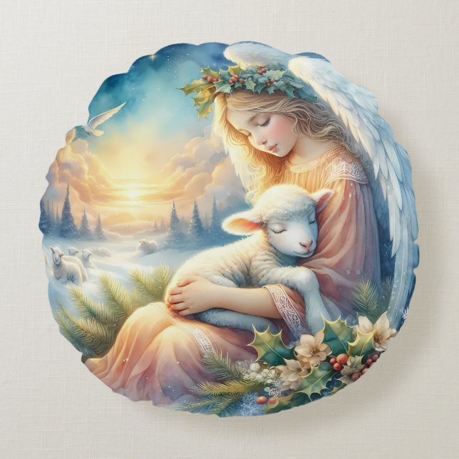 Christmas Angel with Lamb in Winter Peace Round Cushion (Front)