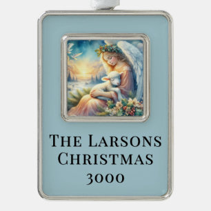 Christmas Angel with Lamb in Winter Peace Silver Plated Framed Ornament