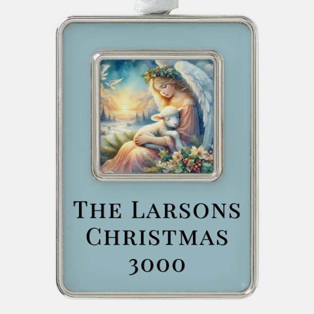 Christmas Angel with Lamb in Winter Peace Silver Plated Framed Ornament (Front)