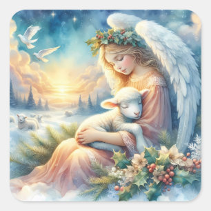 Christmas Angel with Lamb in Winter Peace Square Sticker