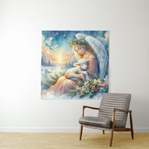 Christmas Angel with Lamb in Winter Peace Tapestry