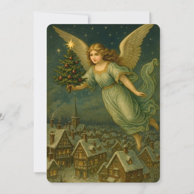 Christmas Angel With Tree Retro Victorian Era Holiday Card (Front)