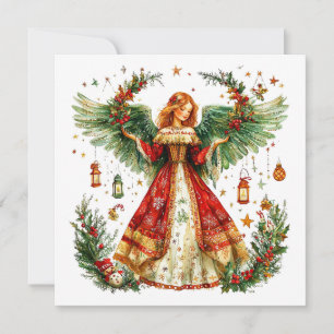 Christmas Angel with winter berries & lanterns Holiday Card